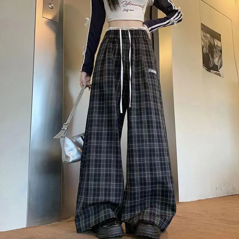 Saviig Retro Plaid Patchwork Pants: Wide Leg Elastic Waist Check Trousers for Women