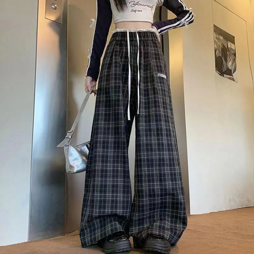 Saviig Retro Plaid Patchwork Pants: Wide Leg Elastic Waist Check Trousers for Women
