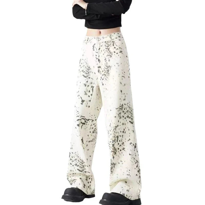 Saviig Beige Leopard Print Wide Leg Jeans - Vintage Streetwear Fashion