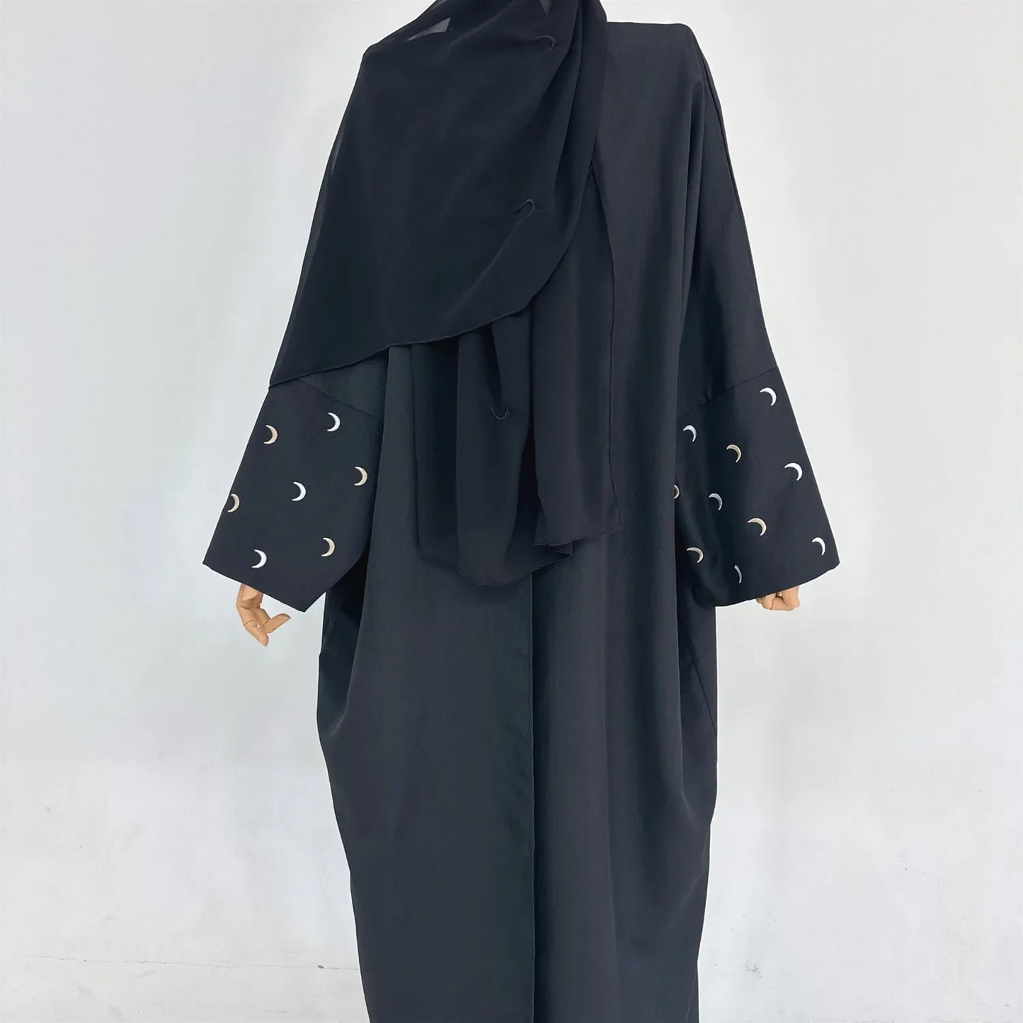 Saviig Moon Embroidery Open Abaya, Batwing Sleeves Kimono for Muslim Women
