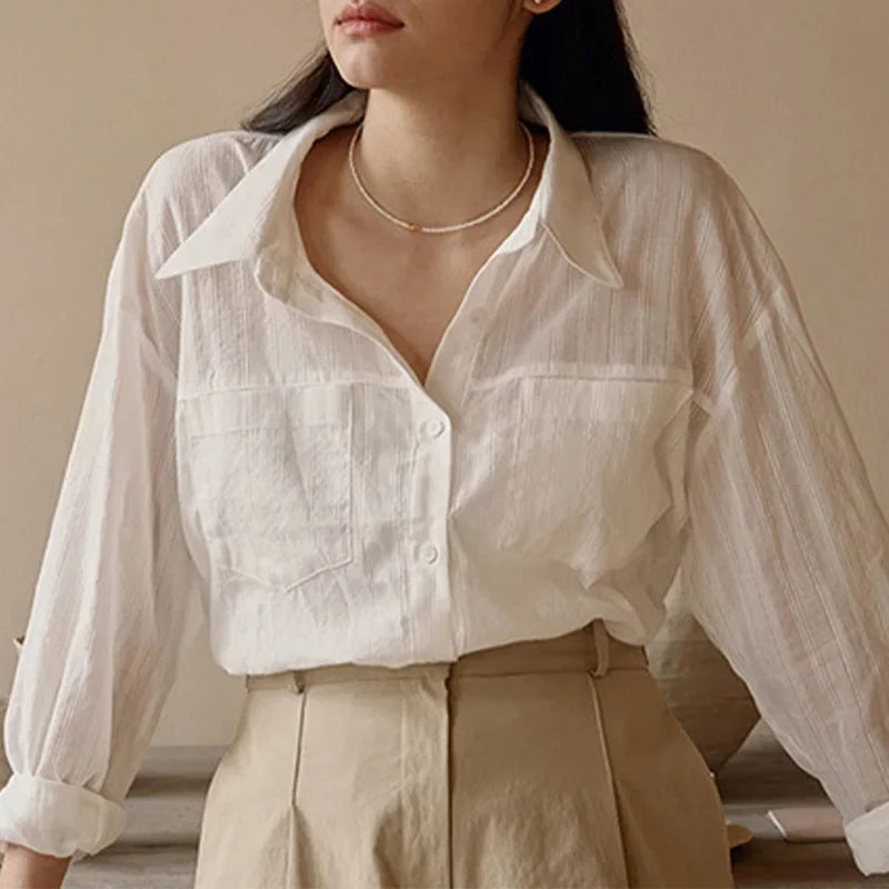 Saviig White Cotton Shirt: Women's Long Sleeve Button-Up Blouse