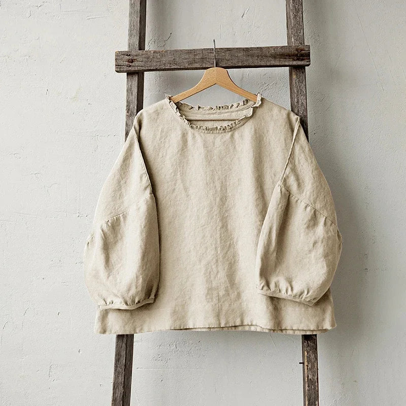 Saviig Ruffled Linen Women's T-Shirt: Casual Loose Fit, O-Neck, Long Sleeve Top