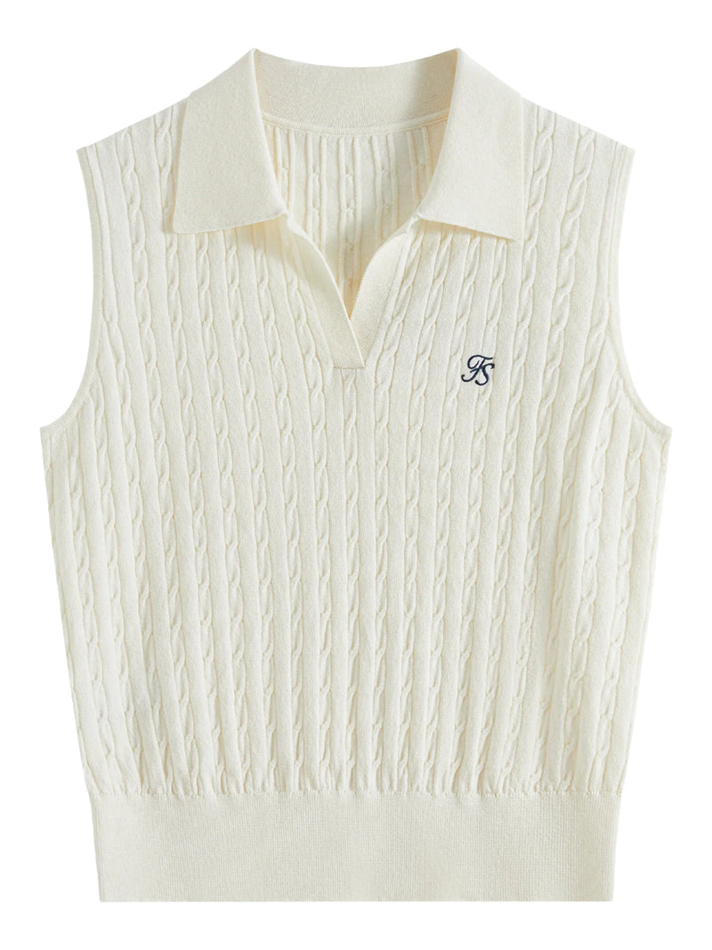 Saviig Cable Knit Sleeveless Vest with Polo Collar Embroidery