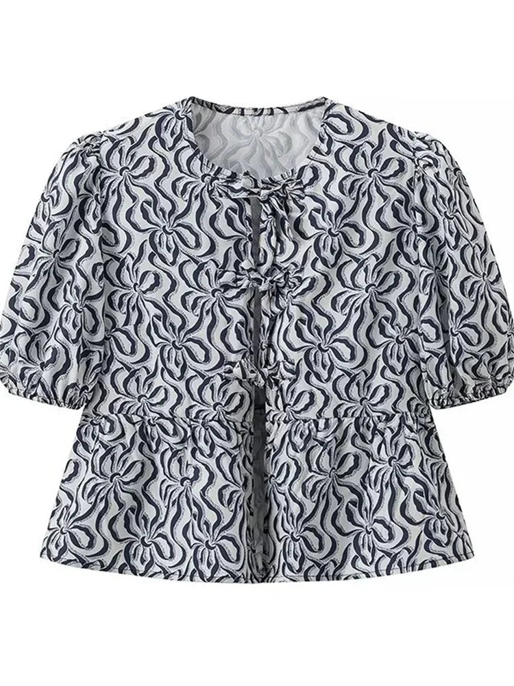 Saviig Leopard Print Contrast Lace-Up Slim Bandage Shirt