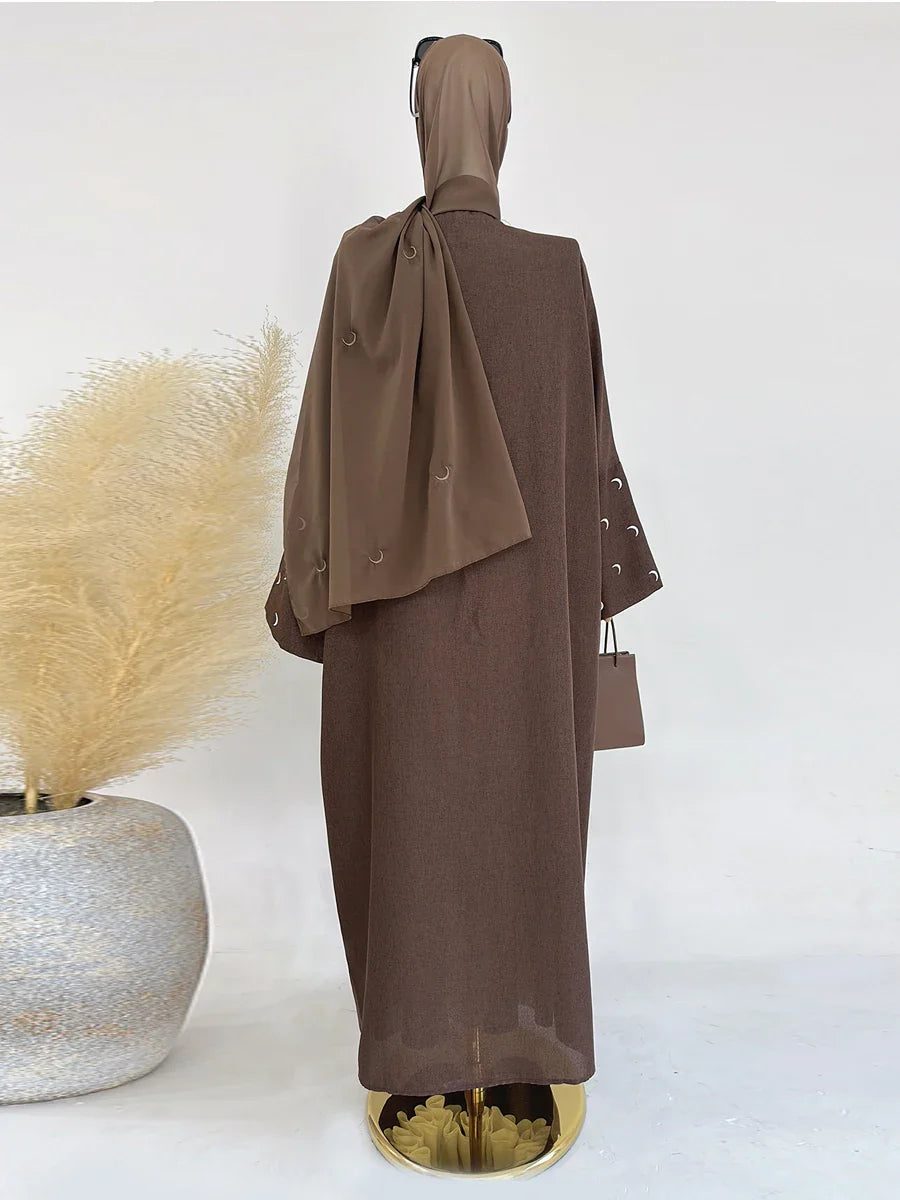 Saviig Moon Embroidery Open Abaya, Batwing Sleeves Kimono for Muslim Women