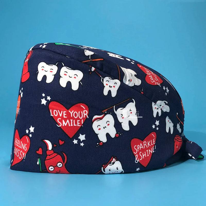 Saviig Tooth Print Unisex Clinic Scrub Cap | High-Quality Cotton Dental Work Hat