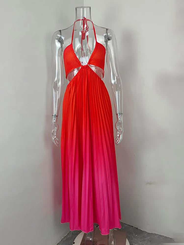 Saviig Printed Gradient Halter Long Dress Hollow Out Vacation Robe