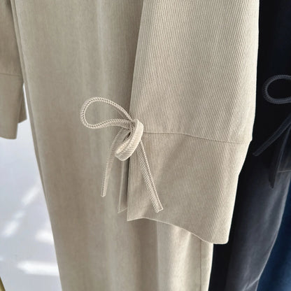 Saviig Corduroy Bowknot Abaya: Modest O Neck Dress with Pockets