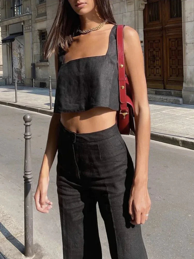 Saviig Chic Square Neck Linen Crop Top Solid Color Backless Sleeveless Summer 2025
