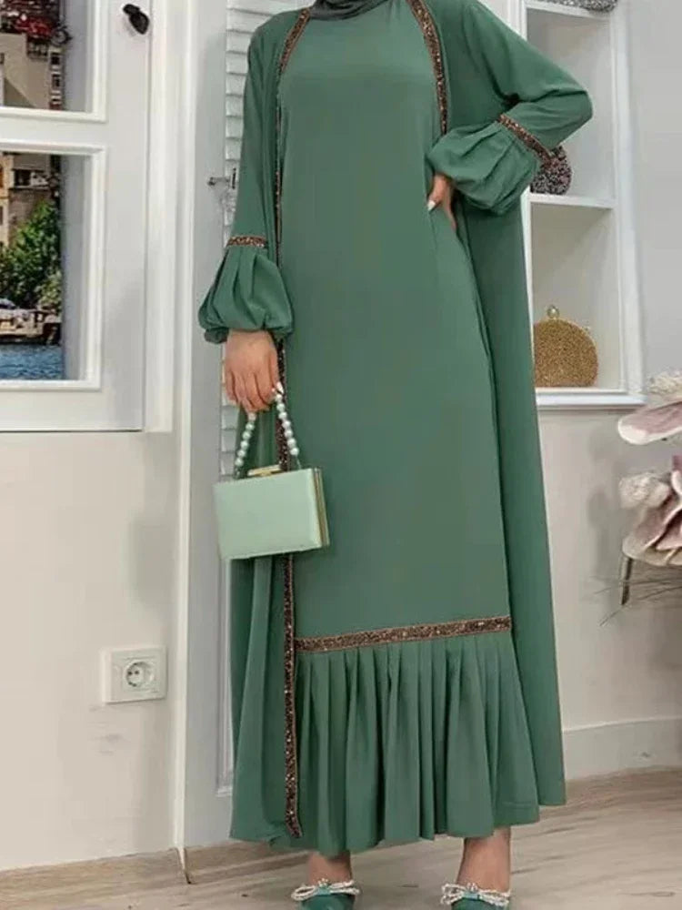 Saviig Eid Lantern Sleeve Maxi Abaya Dress Set