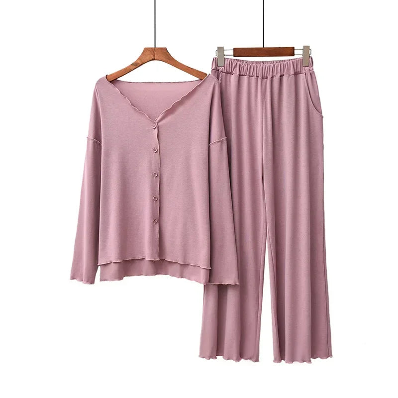 Saviig Cotton Pajama Set, Solid Color Cardigan & Long-Sleeve Pants for Women
