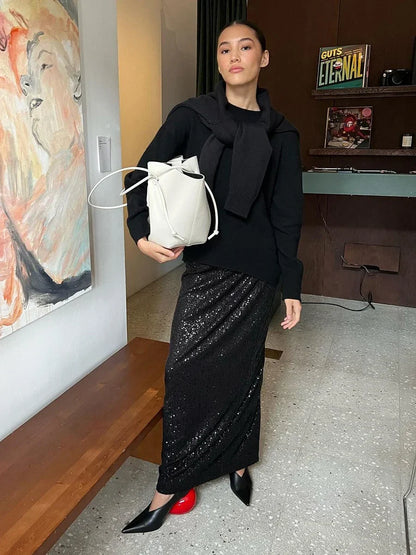 Saviig Silk Sequins Dropped Waist Long Skirt - Elegant Streetwear Fashion