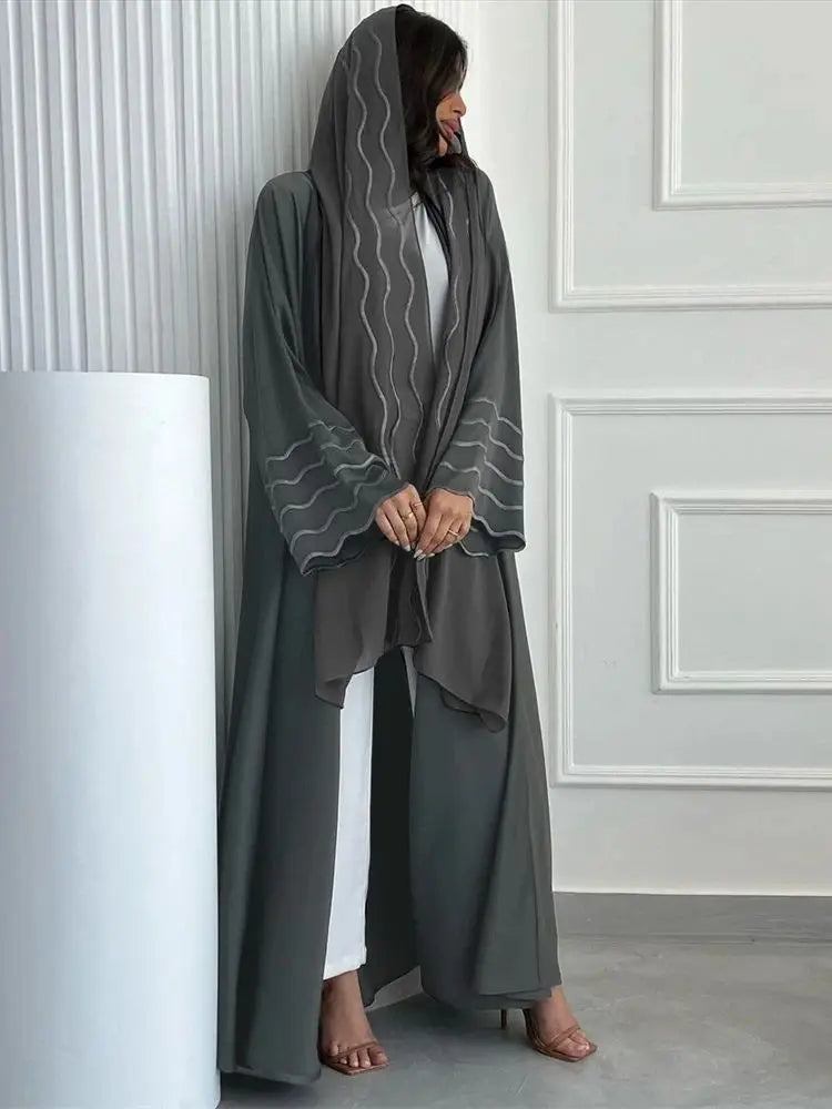 Saviig Ramadan Eid Kimono Abaya Set for Women in Gray Black