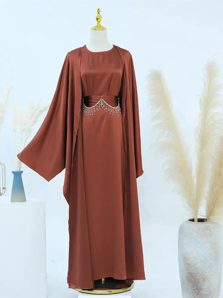 Saviig Ramadan Satin Abaya Dubai Set - Muslim Prayer Clothes Caftan Robe Femmes