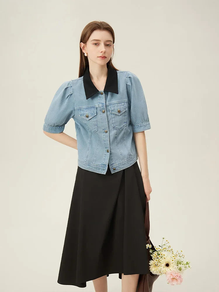 Saviig Cotton Puff Sleeve Polo Neck Denim Shirt - Single Breasted Summer Blouse