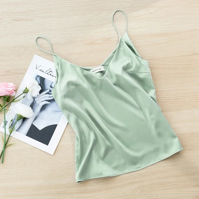 Saviig Satin V-Neck Camisole Top: Chic Sleeveless Tank for Summer