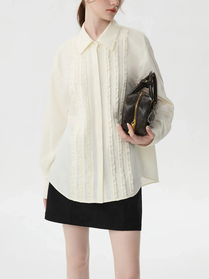 Saviig Beige Ruffle Drop Sleeve Office Blouse - 2024 Winter New