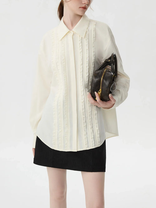 Saviig Beige Ruffle Drop Sleeve Office Blouse - 2024 Winter New