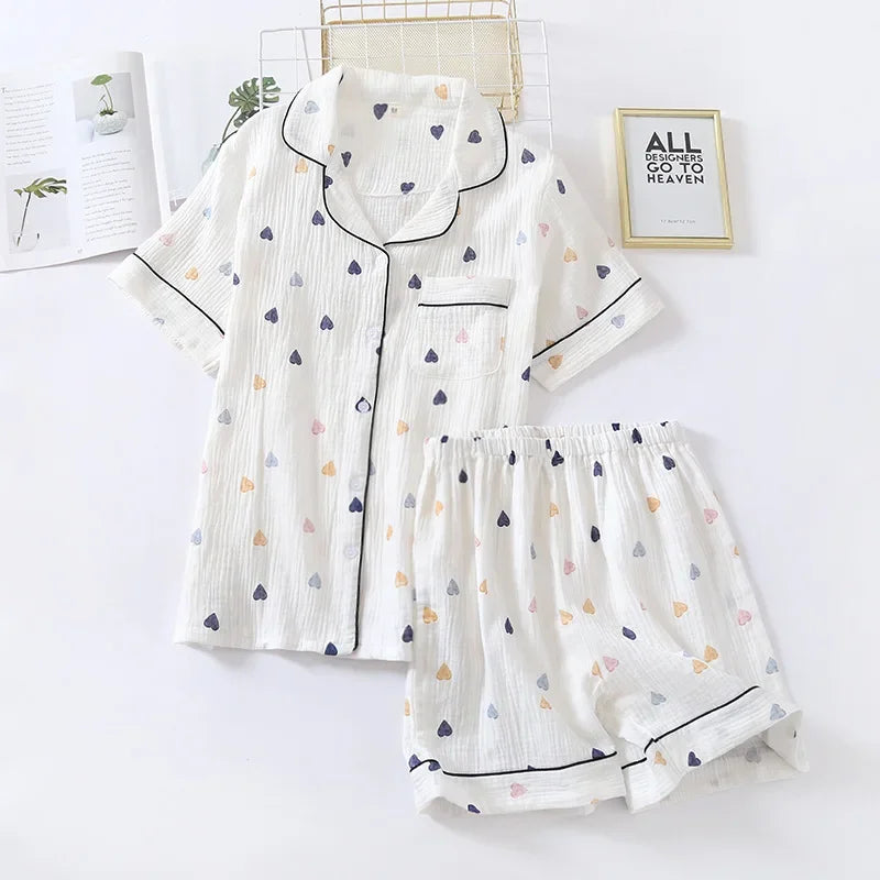 Saviig Cotton Gauze Short Sleeve Pajama Set