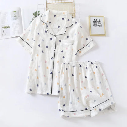 Saviig Cotton Gauze Short Sleeve Pajama Set