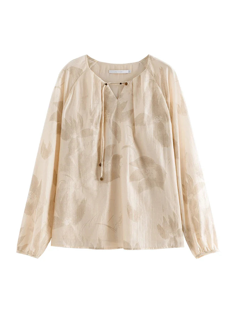 Saviig Beige Print Long Sleeve Blouse with Lace-Up Neck for Women