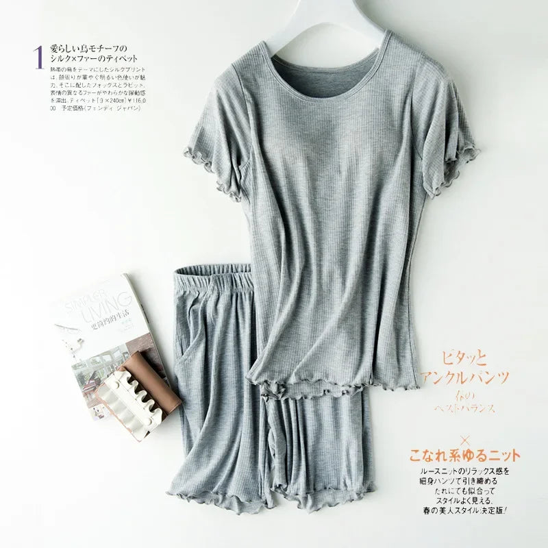 Saviig Knit Cotton Pajama Set with Chest Pad, Short Sleeve Top & Shorts