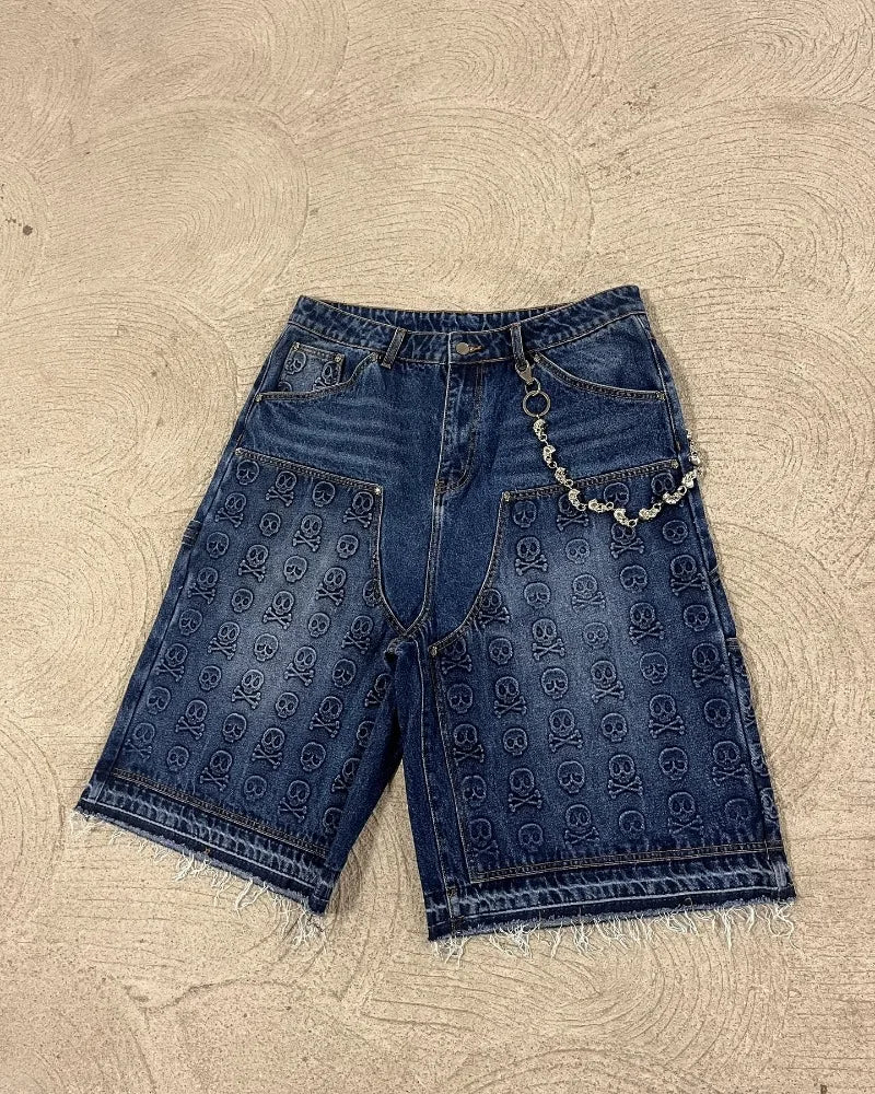 Saviig Vintage Skull Print Baggy Denim Shorts Women Gothic Hip Hop Oversized Shorts