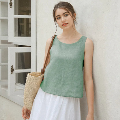 Saviig Linen Cross Back Tank Top Solid Patchwork Summer Haut Femme