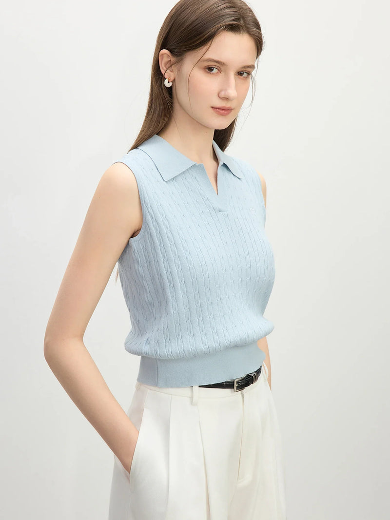 Saviig Cable Knit Sleeveless Vest with Polo Collar Embroidery