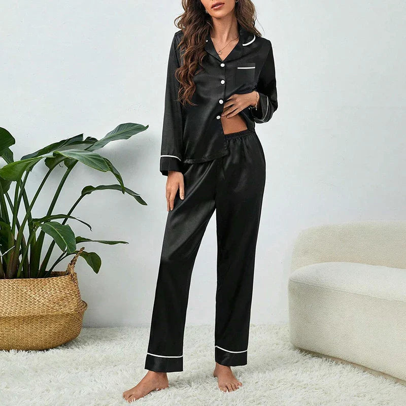 Saviig Button V Neck Pajamas Set with Long Sleeve Top & Trousers- 2 Piece