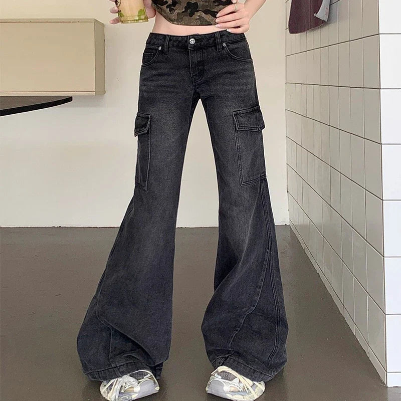Saviig Flare Cargo Jeans Women High Street Denim Y2K Slimming Trousers