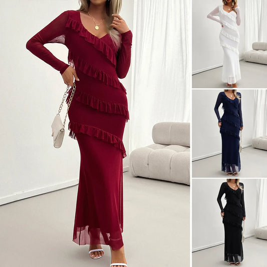 Saviig Women's V-Neck Mesh Dress: Solid Color, Slim Fit, Long-Sleeved. Suitable for Autumn & Winter.