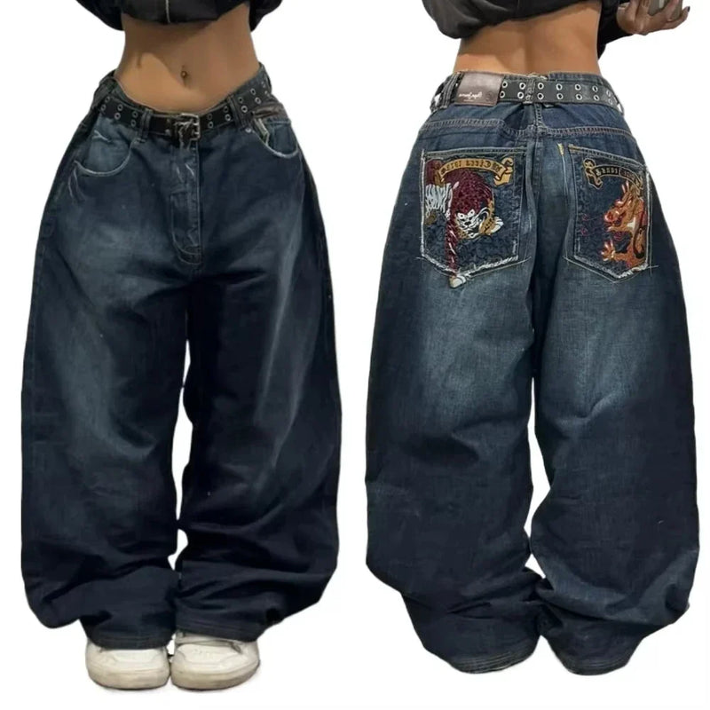 Saviig Vintage Oversized Letter Embroidery High Waist Wide Leg Jeans Harajuku Hip Hop