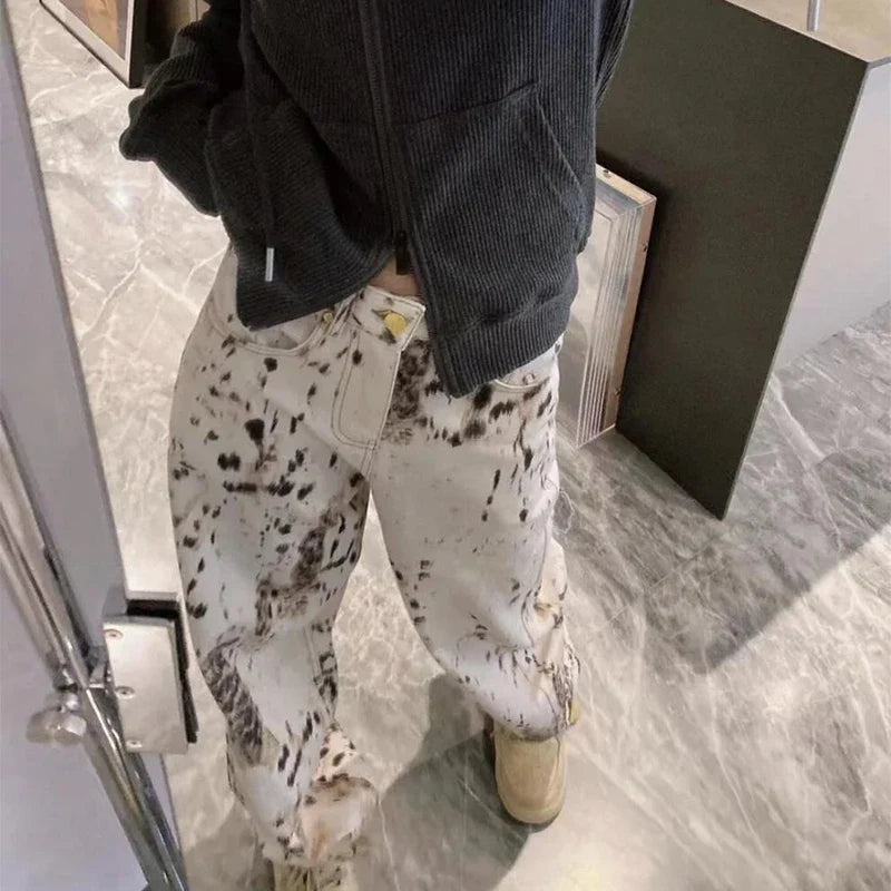 Saviig Beige Leopard Print Wide Leg Jeans - Vintage Streetwear Fashion