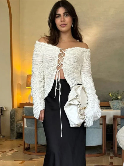 Saviig Ruffled Lace-Up Patchwork Tee Coat White Women's Cropped Top