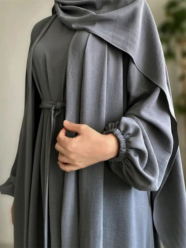 Saviig Ramadan Eid Abaya Kaftan Set with Hijab Dress & Kimono - Women's Muslim Ensemble
