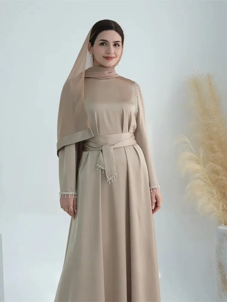 Saviig Ramadan Satin Diamond Abaya Dress for Muslim Women