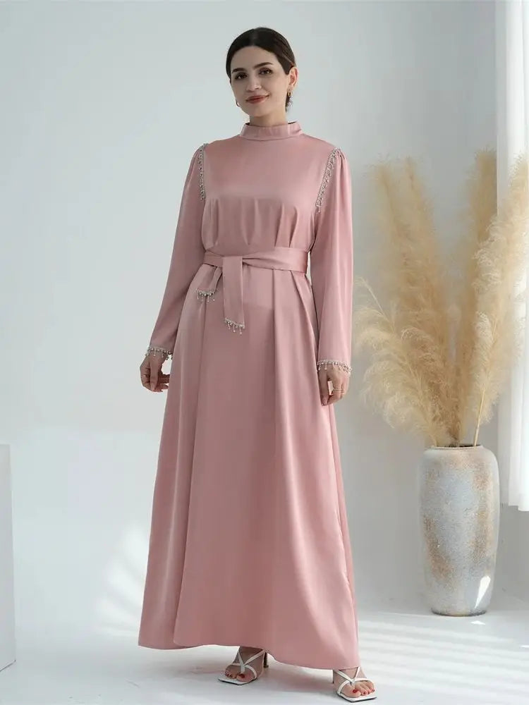Saviig Ramadan Satin Diamond Abaya Dress for Muslim Women