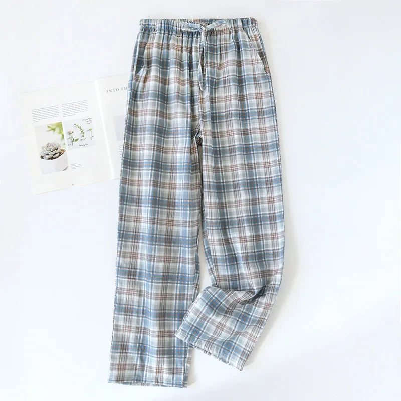 Saviig Plaid Cotton Gauze Sleep Pants for Couples