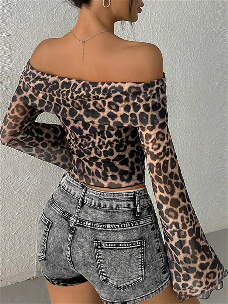 Saviig Leopard Mesh Off-Shoulder Crop Top - Y2K Style Slim Tee