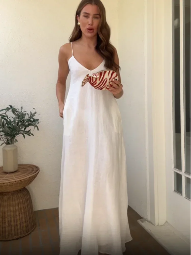 Saviig White V-Neck Sling Dress - Backless, Sleeveless, Loose Fit, Long Summer Dress