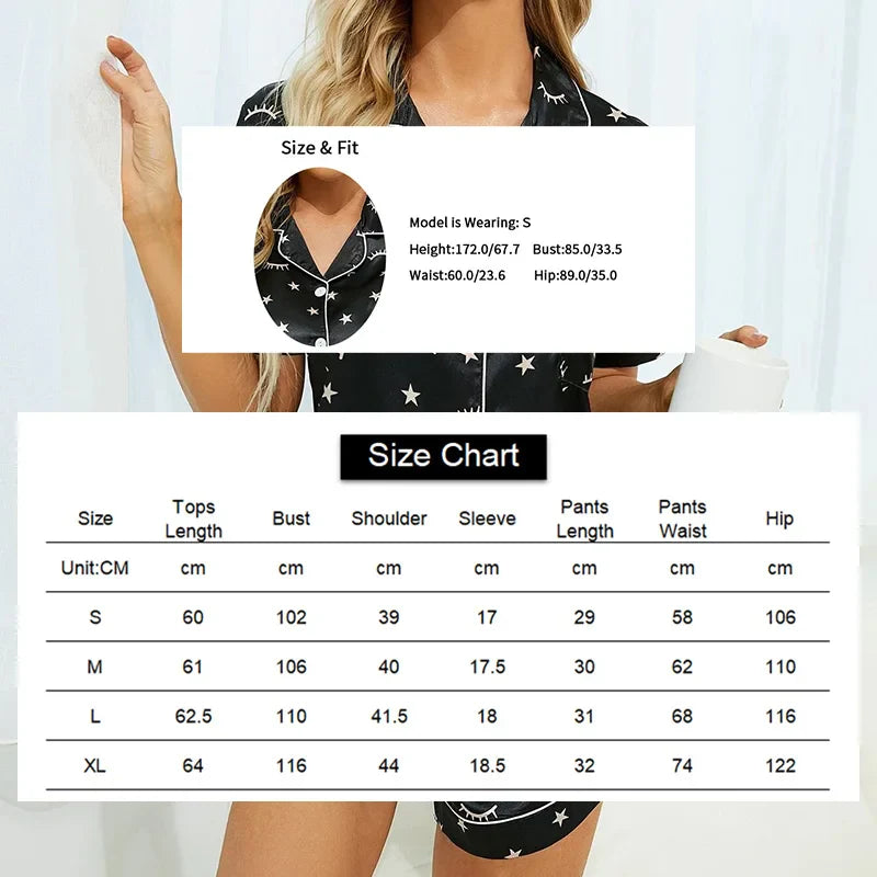 Saviig Satin Print Pajama Set: Short Sleeve Top and Shorts Loungewear