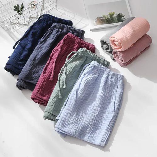 Saviig Cotton Crepe Sleep Shorts for Couples, Elastic Waist Nightwear Pajama Bottoms
