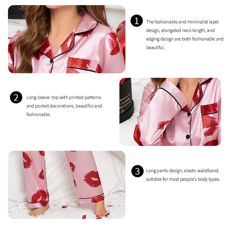Saviig Lip Print Satin Pajama Set with Long Sleeve Top and Pants