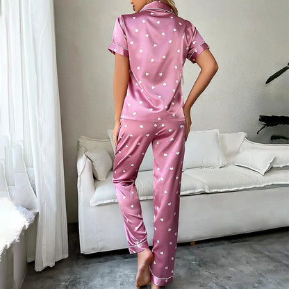 Saviig Heart Print Satin Pajama Set - Short Sleeve Top & Pants Pyjamas