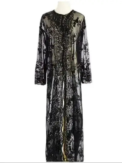 Saviig Sequined Lace Mesh Kimono Abaya for Women, Elegant Muslim Hijab Dress