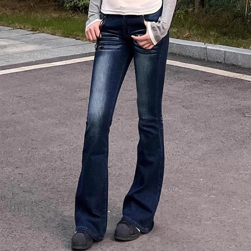 Saviig Vintage Deep Blue Low Rise Bell-Bottom Jeans