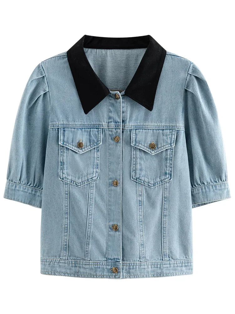 Saviig Cotton Puff Sleeve Polo Neck Denim Shirt - Single Breasted Summer Blouse