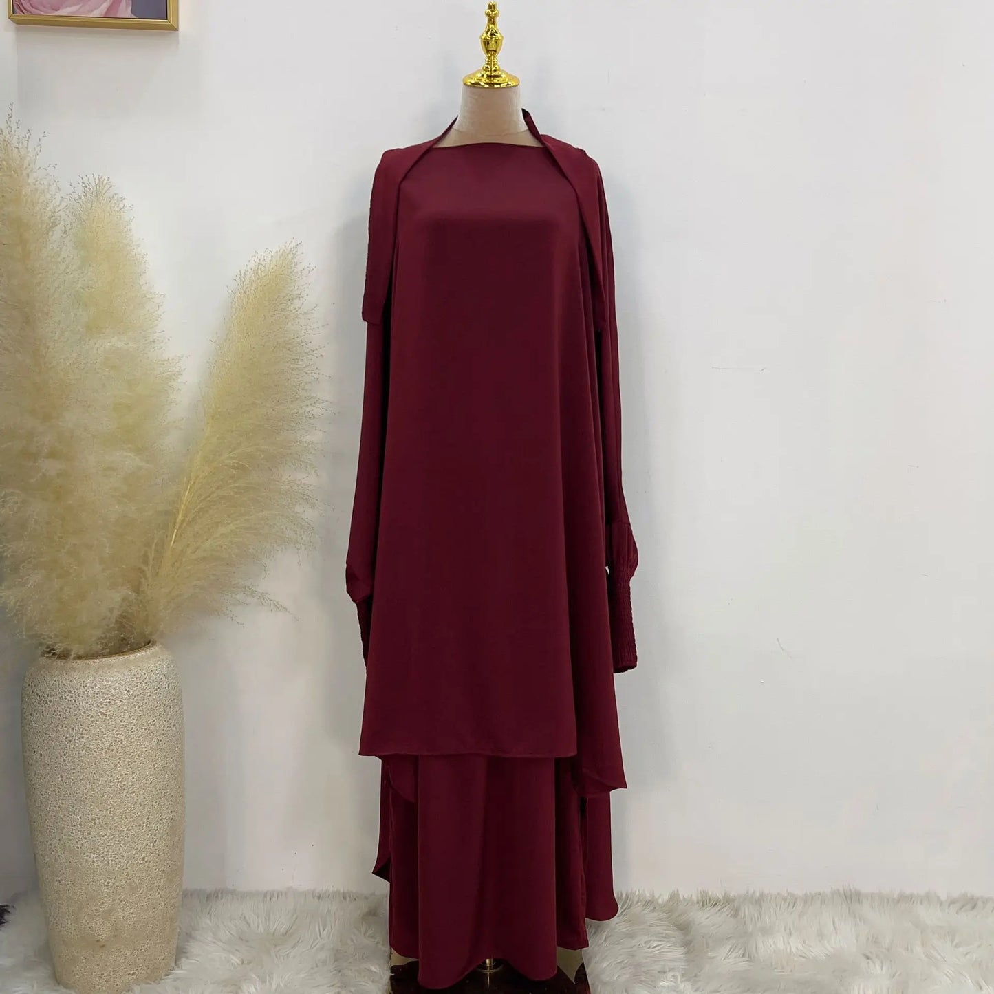 Saviig Satin Jilbab Set, Smocked Abaya, Khimar, Side Pocket Skirt