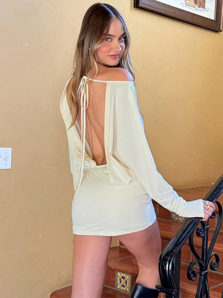 Saviig Slanted Shoulder Lace-Up Mini Dress Pleated Gowns Slim Fit Long Sleeve